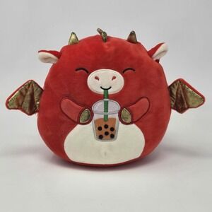Squishmallows Boba Red Dragon Plush 8" Kellytoy Bubble Tea Stuffed Animal Gold H